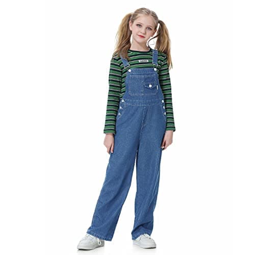 Image of Rolanko Girls Jeans Bib Overalls, Baggy Denim Dungarees Jumpsuit for Big Kids, Blue Button, Tag Size:140