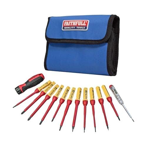 Image of Faithfull VDE Screwdriver Set & Storage Wallet – 13 Piece Kit with Slotted, Phillips, Pozidriv & Star Tips, Soft-Grip Auto-Lock Handle, Quick Release Tip Change - BS EN60900:2012, 1000V Working Limit