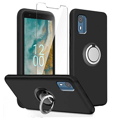 Image of LYZXMY Case Compatible with Nokia C02 (5.45") Black Cover + Rotating Bracket + Tempered Film Glass Screen Protector - Silicone Soft TPU Cover Shell