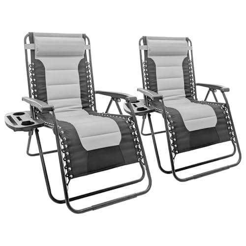 Image of Harbour Housewares Padded Zero Gravity Chair Set with Cup and Phone Holder - 110KG Load Capacity - Grey - 2 Piece Heavy-Duty Reclining Folding Outdoor Garden Camping Patio Beach Loungers Set