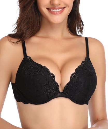 Image of Deyllo Women's Push Up Lace Bra Sexy Deep V Lift Up Bra Underwire Padded Comfort Everyday Bra(Black,36F)