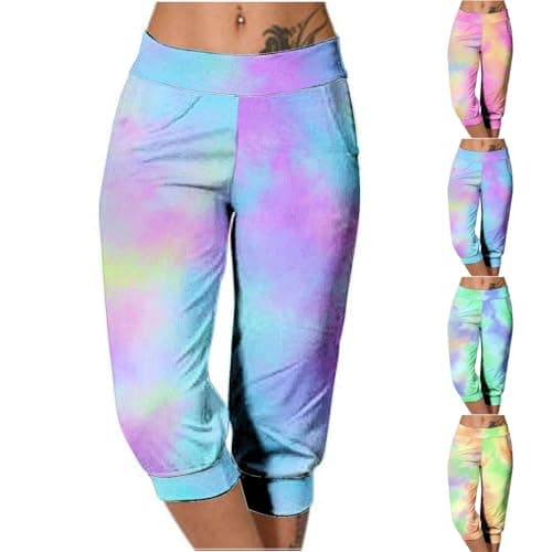 Image of Clearance Women Capri Trousers Summer 3/4 Cropped Pants Ladies Tie-Dye Printed Sweatpants Elastic Waist Slacks Three Quarter Joggers Outdoor Casual Trouser Workout Loose Capris with Pockets