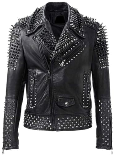 Image of MAXATTIRE Men's Classic Black Leather Studded Biker Jacket - Punk Rock Spiked Motorcycle Outerwear