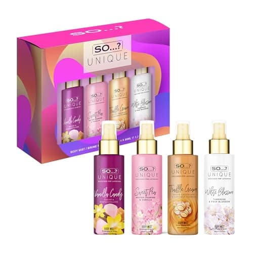 Image of So…? Unique Mini Mist Womens Gift Set with Vanilla Candy, Sweet Pea, Truffle Cream, & Cashmere, Body Mist Fragrance Spray Set (4 x 50ml.)
