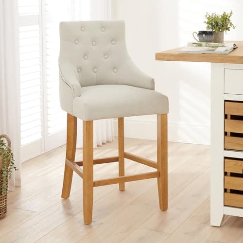 Image of The Furniture Market Luxury Natural Fabric Scoop Back Kitchen Counter Bar Stool | Oak Legs | Quilted Button Back | Stud Detailing | Solid Wood Frame | H 1050mm x W 520mm x D 560mm