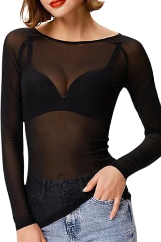 Image of STAR FASHION Sheer Mesh Top Long Sleeve See Through T Shirt Tops for Womens Ladies Stretchy Round Neck Tee T-Shirts Black-SM