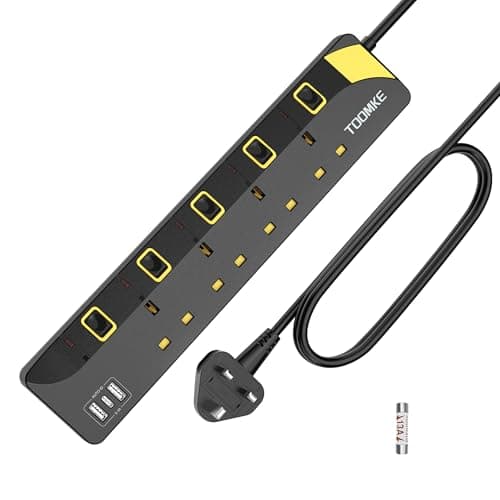 Image of Extension Lead with Individual Switches 4 Way 3 USB 8M Black 8M Extension Lead with USB C Slots, 4 Way (13A/3250W) Plug Extension Socket with 2 USB A & 1 USB C, Mountable Power Strip