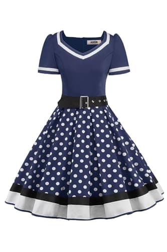 Image of AXOE Women's 50s Style Vintage Rockabilly Dress A-Line Cotton Belted Wedding Guest & Prom Dress Party Wear Navy with White Polka Dots, UK Size 14, L