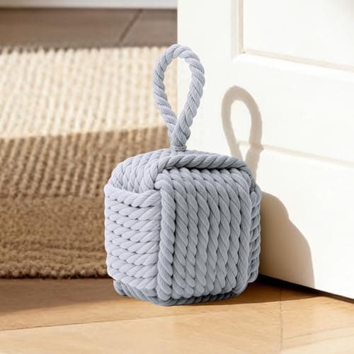 Image of Fabric Door Stop, Heavy Cube Door Stopper for Floor, 1.75Kg Weighted Doorstop with Handle, Rope Knot Decorative Door Stops for Indoors Home, Office, Square Gray