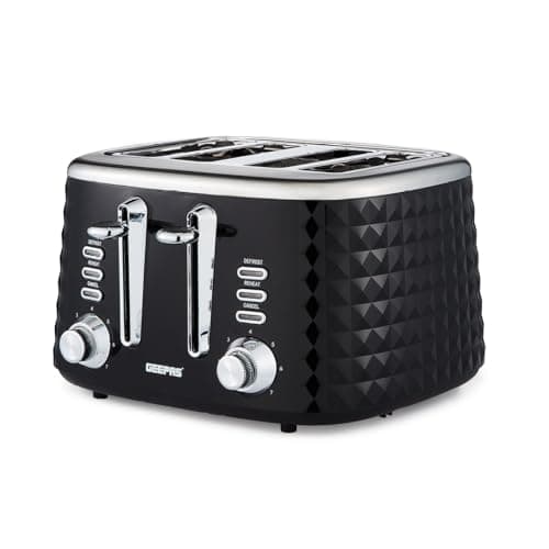 Image of GEEPAS Argyle 4 Slice Toaster | 7 Browning Levels with Cancel Defrost Reheat | For Thin Small Bread Slice | 2 Independent Controls 2 Removable Crumb Trays High Lift | 2 Yr Warranty 1750W Black