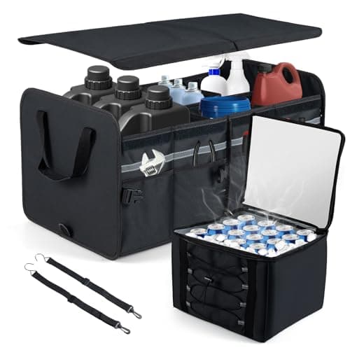 Image of COSTWAY Car Boot Organiser with Cooler Bag, Collapsible Trunk Organizer with Lid, Removable Divider, Pockets, 2 Straps & Handles, Multi-Compartment Storage Box for Car SUV (45L)