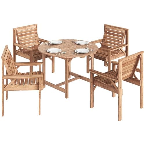 Image of Outsunny 5 Pieces Garden Dining Set, 4 Seater Wooden Garden Furniture Set with Parasol Hole, Solid Wood Round Outdoor Table and Chairs for Patio, Balcony, Terrace, Conservatory, Natural Wood Finish