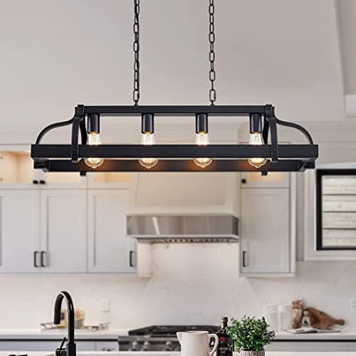 Image of WUZUPS 4-Light Metal Pot Hanging Rack Chandelier Linear Pendant Ceiling Lighting Rustic Farmhouse Fixture Kitchen Island Dining Room, H25 x L88 x W30, E27 Base, Black