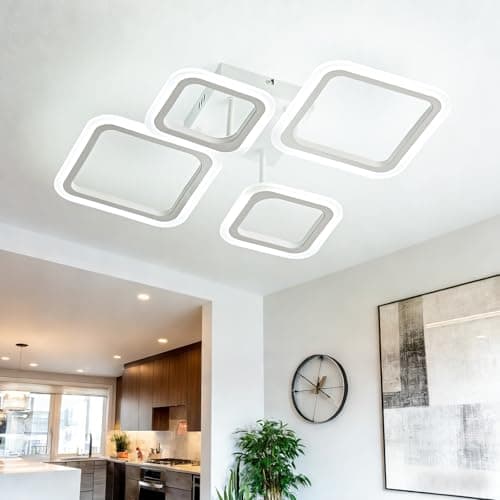Image of OKELI Modern Flush Mount LED Ceiling Lights, 24W Chandeliers Ceiling Light with 4 Square Acrylic Design, Large White Ceiling Lights for Living Room, Bedroom, Kitchen, 6000K