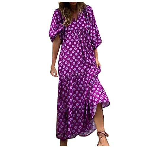 Image of Ruffle Dress 20 Womens 3/4 Puff Sleeve Summer Boho Long Dress Front Tie Neck Vintage Floral Print Tiered Ruffle Hem Casual Loose Flowy Maxi Dresses Purple L