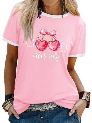 Image of Dresswel Women's T-Shirts Good Vibes Cherry Graphic Print Tshirt Crew Neck Short Sleeve Color Block Summer Tee Tops