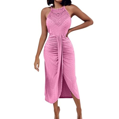 Image of Zeiayuas Bohemian Beach Dress for Women Spaghetti Strap Lace Maxi Dresses Party Evening Wedding Guest Outfits Sexy Halter Neck Sleeveless Sundress Casual Boho Ruffle Pleated Dress Pink