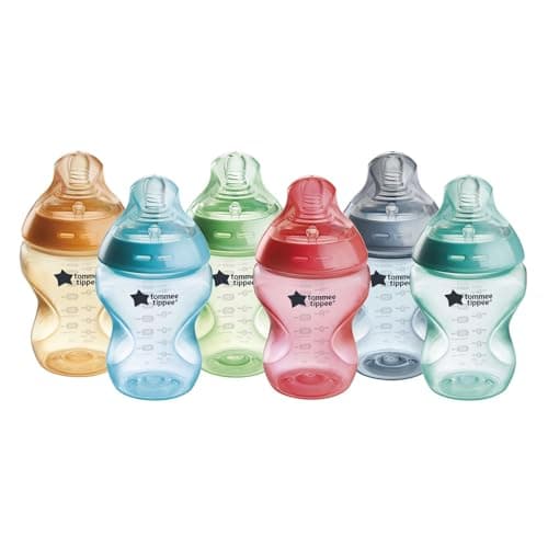 Image of Tommee Tippee Natural Start Baby Bottles for 0m+, Pack of 6 260ml Baby Bottles, with Slow Flow Breast-Like Teat for a Natural Latch, Self-Sterilising and BPA Free, Baby Feeding Essentials, Colourful