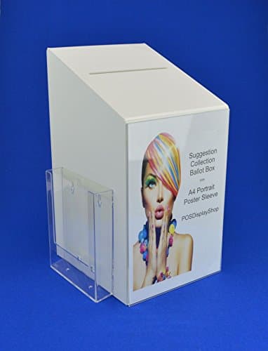 Image of Pos Display Shop Large Acrylic Suggestion Ballot Comments Feedback Collection Box with A5 Portrait Leaflet Holder + A4 Portrait Poster Holder - PDS9464 White LH
