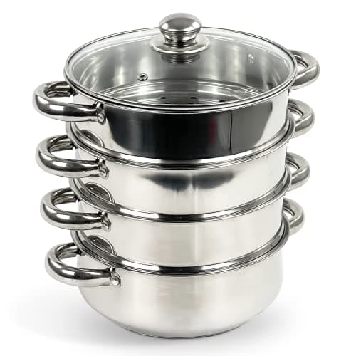 Image of Crystals 4-Tier 24cm Stainless Steel Induction Hob Steamer with Glass Lid - 5-Piece Food-Steaming Cooking Set, Cookware Pot & Pan Set with Cool Handles