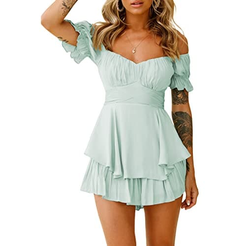 Image of L&ieserram Women's Loose Short Jumpsuit Solid Color Lantern Short Sleeve Off-shoulder Ruched Ruffled Playsuit (Light Green, M)