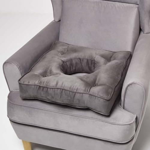 Image of HOMESCAPES Ultimate Comfort Coccyx Cushion for Tailbone Pain Relief - Handmade Donut Pillow with Firm Support, Sciatica Relief, Hemorrhoid Cushion - Grey Faux Suede Armchair Booster Cushion
