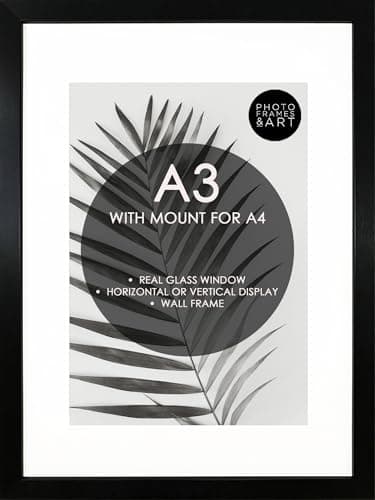 Image of pf+a REAL GLASS A3 Frame With Mount For A4 - Oxford Black Frame With Glass - A3 for A4 Picture Frame With White Mount