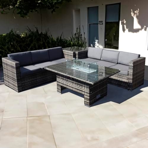 Image of Oseasons Malta Rattan 6 Seat Rising Firepit Corner Set in Walnut Grey - Outdoor Patio Modular Sofa Set with Adjustable Height Gas Fire Table, Weather Resistant Rattan Furniture with Cushions