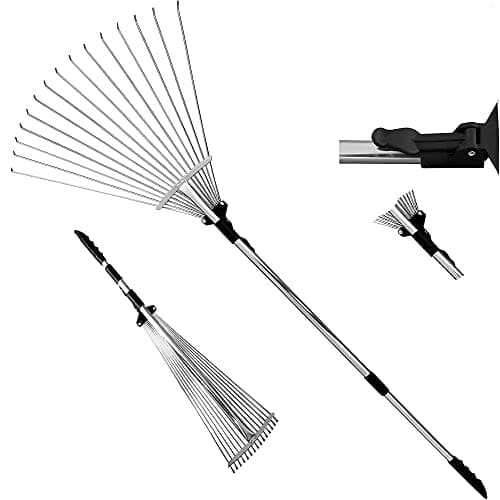 Image of Aggloz | 38-63 inch Adjustable Garden Lawn Rake | Gardening Soil, Grass, leaf Moss etc | Heavy Duty & Rust Resistant | Quick Clean Up,25 Tines | Expanding & Telescopic Rake | 160cm