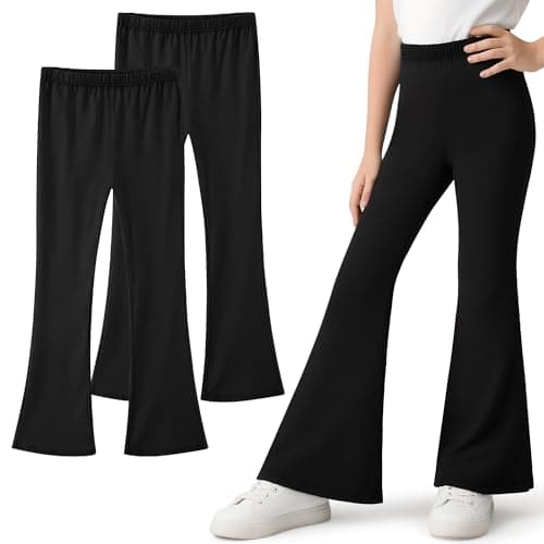 Image of Domueay Girls Flared Leggings Stretchy Breathable Cotton Trousers, 2-Pack, High Waisted Soft Bell Bottom Pants Casual Sports Dance Athletic Legging Activewear for 7-8 Years, Black