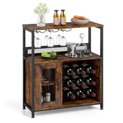 Image of COSTWAY Wine Cabinet, Wooden Buffet Sideboard with Wine Rack, Glass Holder, Removable Shelf & Mesh Door, Industrial Storage Cupboard for Home Bar Kitchen Dining Room