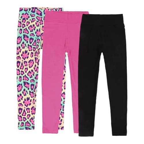 Image of 3 Pack Leggings for Girls-Cloud-Like Soft,Ankle Length High Waisted Stretchy Tight Pants for Kids Workout Running Athletic (UK, Age, 9 Years, 10 Years, Slim, Black&Pink&Leopard)