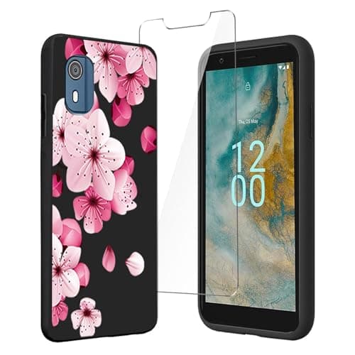 Image of LYZXMY Case for Nokia C02 (5.45") + Tempered Film Glass Screen Protector - Black Silicone Soft TPU Cover Shell - Flower