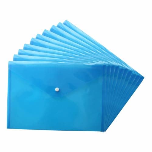 Image of M1SS A4 Document Wallet Folders Pack of 10 – Blue Transparent Plastic Wallets with Snap Button, Waterproof Clear File Holder for Filing Storage, Office Paperwork, School & Home Organisation