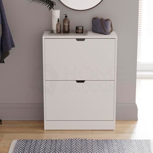 Image of Vida Designs Shoe Cabinet, Wooden Shoe Storage Unit with 2 Flip Drawers, Multifunctional Dust-Proof Space-Saving Slim Cupboard for Hallway or Entryway, 100% FSC Certified (White)