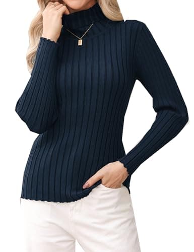 Image of Gyabnw Jumpers for Women UK Long Sleeve Tops Cable Knit Sweater Ribbed Top Elegant Winter Turtleneck High Neck Clothes Navy Blue