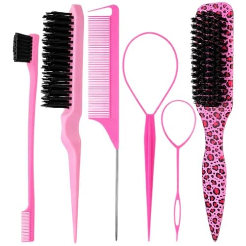 Image of 6PCS Slick Back Hair Brush, Back Combing Brushes Set, Smoothing & Teasing Tools, Rat Tail Comb for Sleek Ponytail Flyaways Frizz, All Hair Types