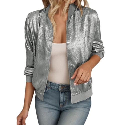 Image of Generisch Women's Casual Jackets Lightweight Slim Fit Reflective Zip Jacket Stylish Solid Colour Outdoor Spring and Spring Fashion Outerwear, Sl1, XXL