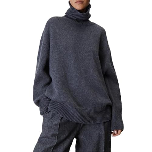 Image of Ladies Roll Neck Jumper Faux Cashmere Elegant Turtle Neck Women Sweater Soft Knitted Basic Pullovers O Neck Loose Warm Female Knitwear Jumper (Grey)