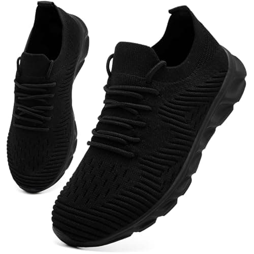 Image of VLHGCG Trainers Men Women Running Shoes Slip on Gym Lightweight Trainers Walking Badminton Tennis Shoes Soft Breathable Mesh Workout Sneakers Black Size UK 11