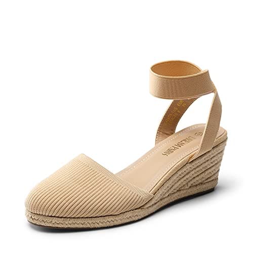 Image of DREAM PAIRS Womens Espadrille Wedge Sandals Slingback Mid Heel Elastic Ankle Strap Closed Toe Summer Wedding Party Holiday,Size 5,Nude-Knit,AMANDA-1
