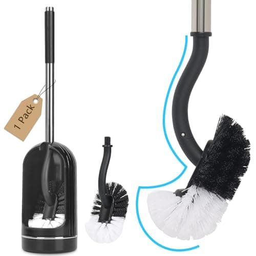 Image of Toilet Brush, Toilet Brushes with Holders, Curved Toilet Brush with Edge Cleaner, Stainless Steel & Plastic Handle, Loo Brush Replacement Heads, Bathroom Cleaning Brush (1, Black)