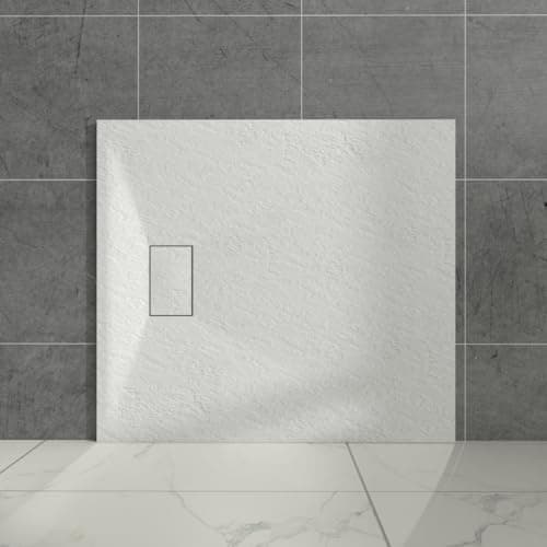 Image of Aquariss White Rectangular Shower Tray Slate Effect SMC Slip-Resistant Shower Base for Bathroom Enclosures 1100x900mm with Waste