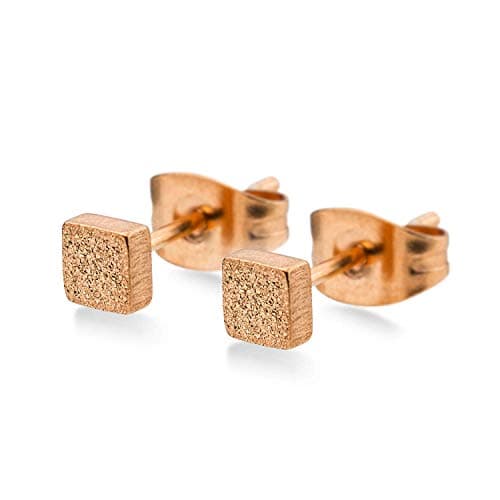 Image of 555Jewelry Womens Stainless Steel Tiny Small Simple Classy Lightweight Square Cube Shape Shiny Shimmer Glittery High Fashion Matte Cute Ladies Accessories Stud Earrings, Pink Rose Gold 7 MM