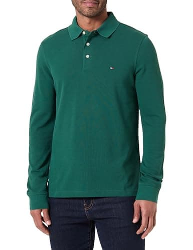 Image of Tommy Hilfiger Men’s Slim Basic Long Sleeve Polo Shirt, Green (Ornamental Green), XL