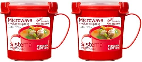 Image of Sistema Microwave Soup Mug | 656 ml Microwave Food Container with Steam-Release Vent | BPA-Free | Red/Clear | 1 Count [1107] (Pack of 2)