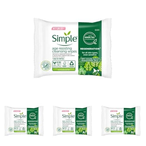 Image of Simple Regeneration Age Resisting Biodegradable Facial Wipes remove make-up and fights premature ageing for sensitive skin 20 wipes,package may vary (Pack of 4)