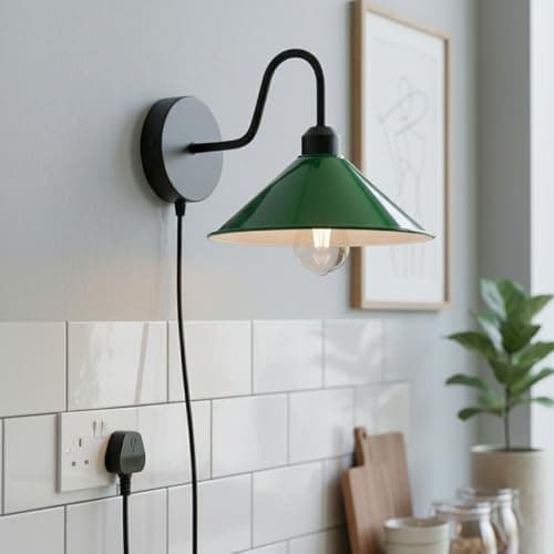 Image of LEDSone Vintage Style 2 M Cone Shade Adjustable Arm Mechanism Metal Modern Wall Lights E27 Lamp Socket Dimmer Switch UK Plugin Wall Sconce Light Fixture (Green)