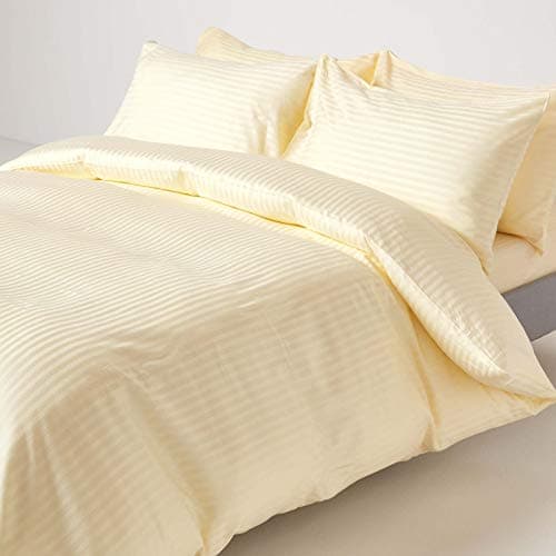 Image of HOMESCAPES Pastel Yellow Pure Egyptian Cotton Duvet Cover Set Double 330 TC 500 Thread Count Equivalent Satin Stripe Quilt Cover 2 Pillowcases Included Bedding Set