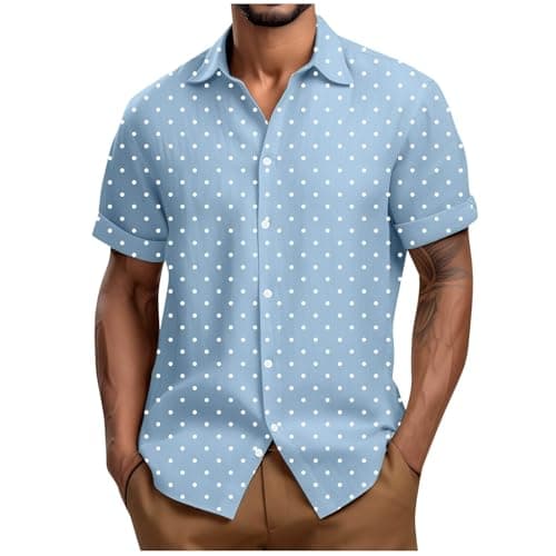 Image of RLEHJN Summer Shirts for Men Adult UK Daily Deals, Mens Short Sleeve Shirt Polka Dot Printed Button Down Hawaiian Shirts Summer Turn-Down Collar Shirt Lightweight Regular Fit Casual Tops M-4XL